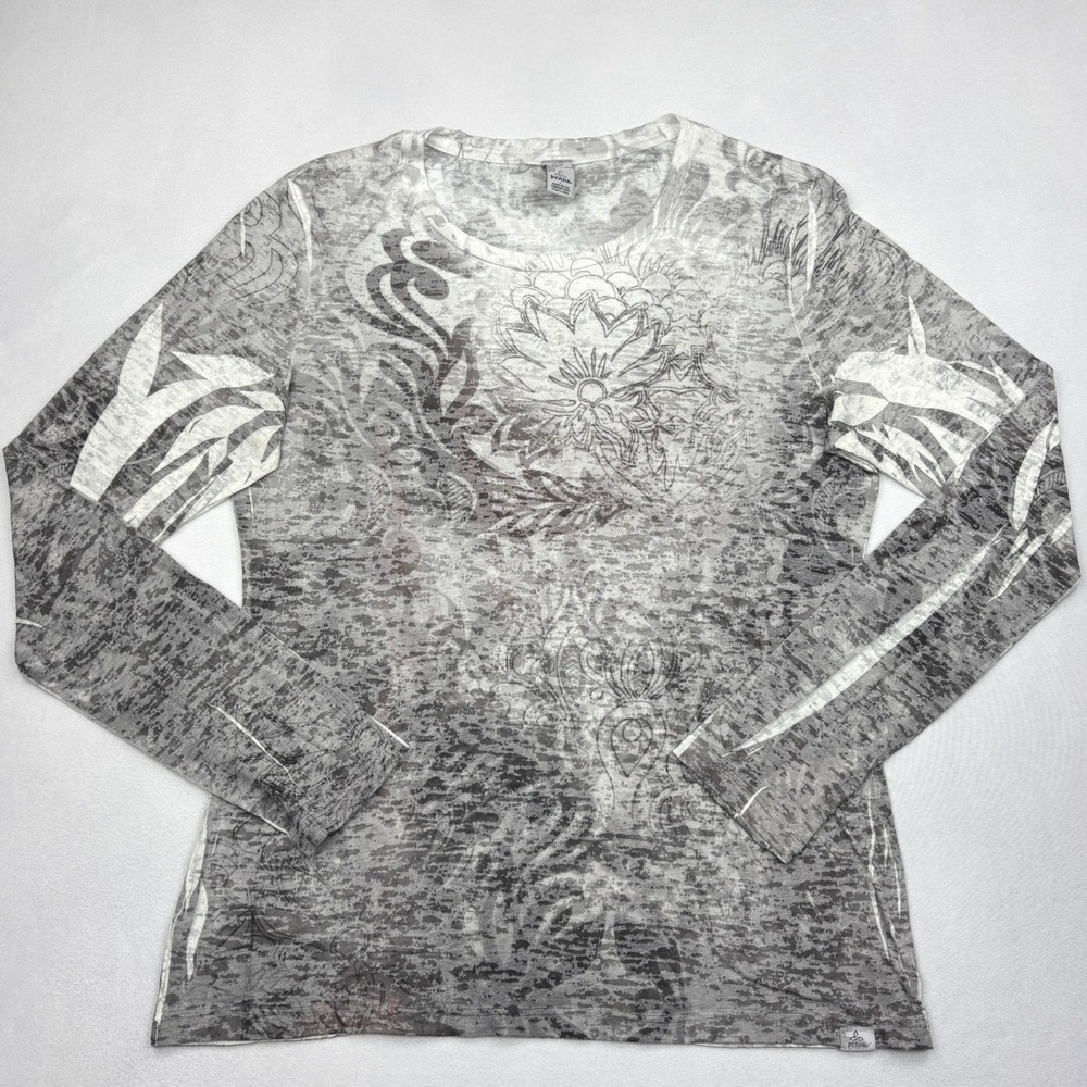 prAna Shirt Womens Large Gray Burnout Lotus Flower Long Sleeve Yoga Top Made USA